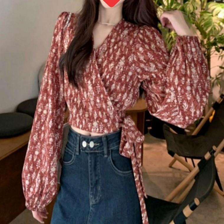 v넥 셔츠 2 가을 여자 퍼프소매 랩블라우스 패턴 여름
