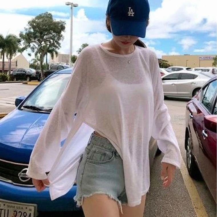 여름 얇은 여성 긴팔티 비치웨어 옆트임 시스루