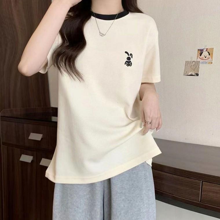 배색 자수 여자 여름 반팔 티셔츠 토끼 상의 라운드넥