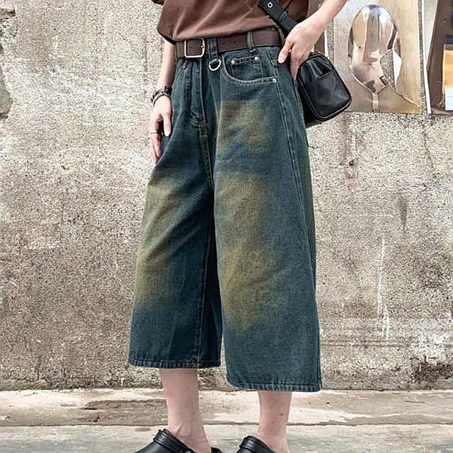 청반바지 와이드핏 데님 7부 팬츠 여성 통바지 여름 4색