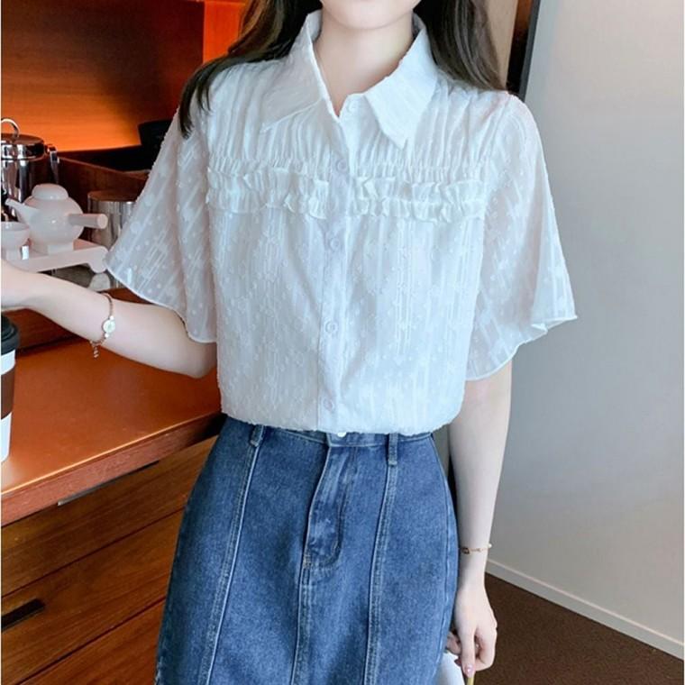 카라 여름 화이트 프릴 블라우스 반팔셔 여자 레이스