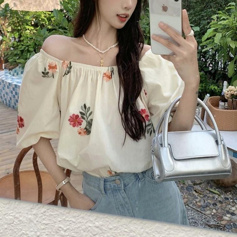플라워 여자 밴딩 프릴 여름 오프숄더 블라우스