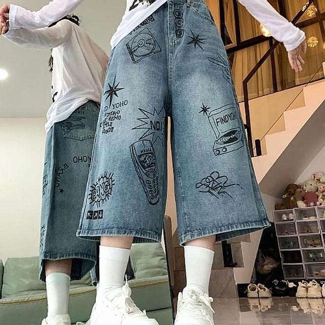 7부 스트릿 통바지 여름 여성 데님 청반바지 그래픽 팬츠
