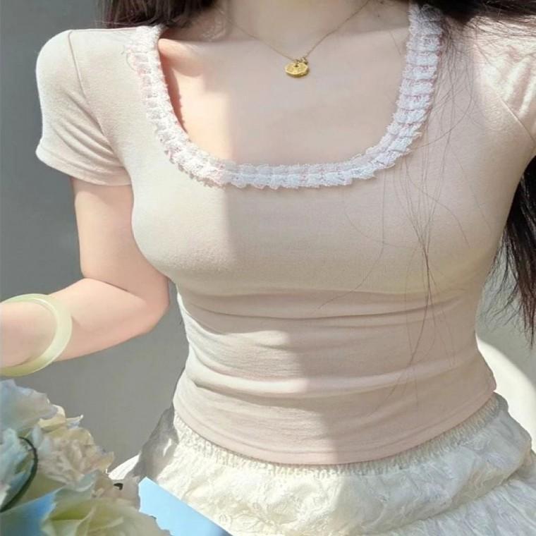 캡소매 티셔츠 반팔 크롭티 여자 레이스 여름 슬림핏