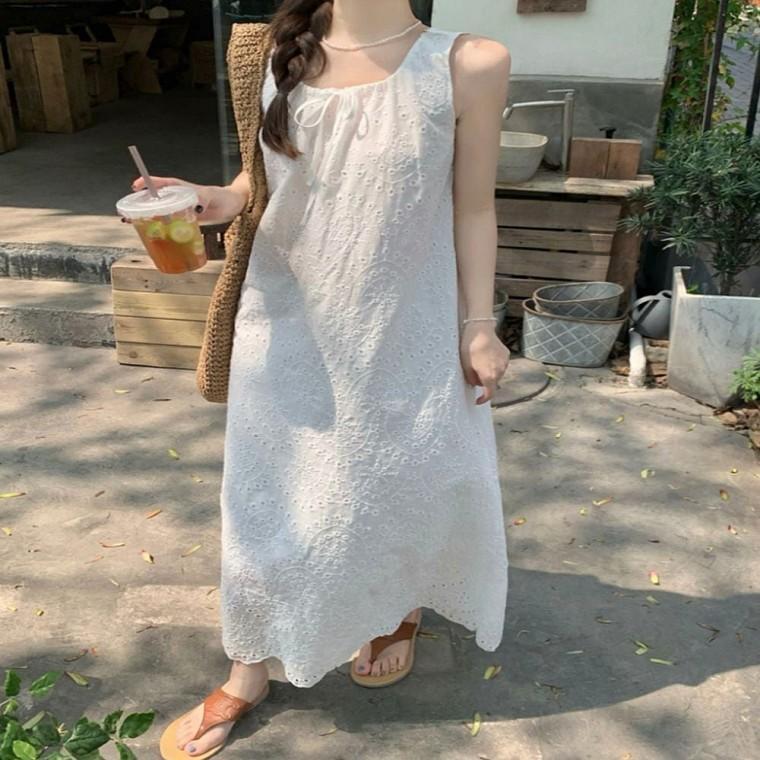 나시 시원한 여름 레이스 원피스 롱 여자 민소매 펀칭