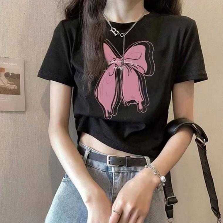 패션 상의 리본 여름 반팔 반팔티 크롭티 크롭 2색 여성