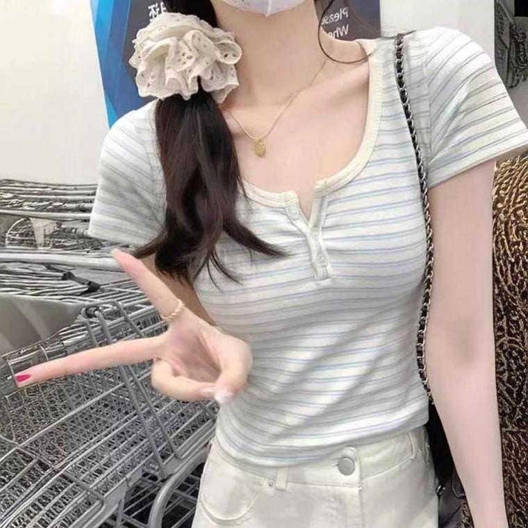 세미크롭 반팔티셔츠 여자 스트라이프 슬림핏 여름