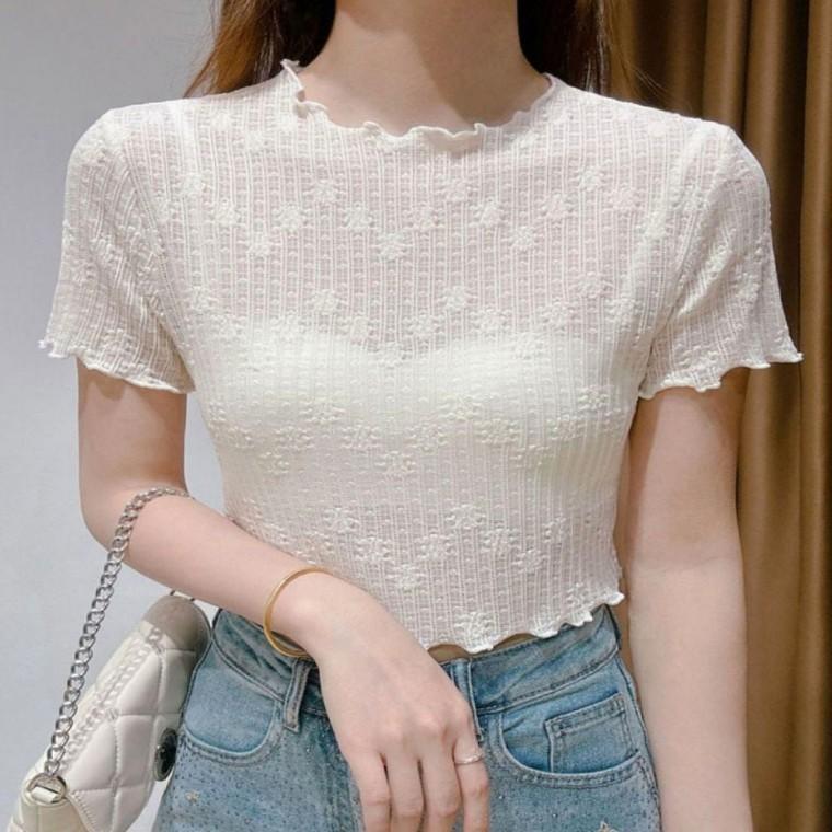 크롭기장 반팔티 시스루 티셔츠 여자 프릴 이너 여름