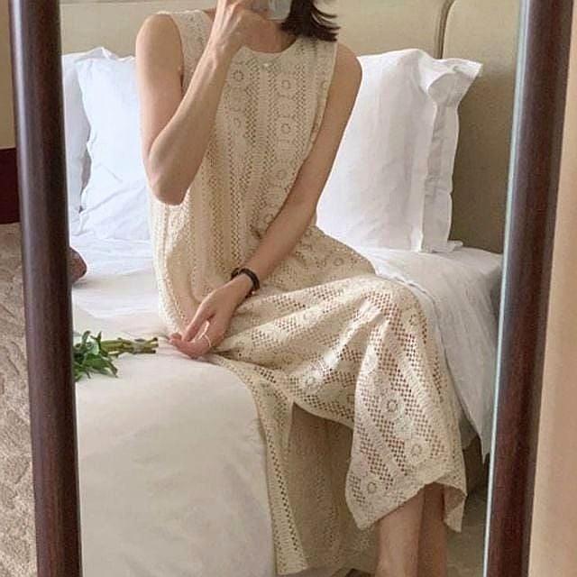 휴양지 원피스 레이스 아일렛 여름 드레스 펀칭 민소매 여성