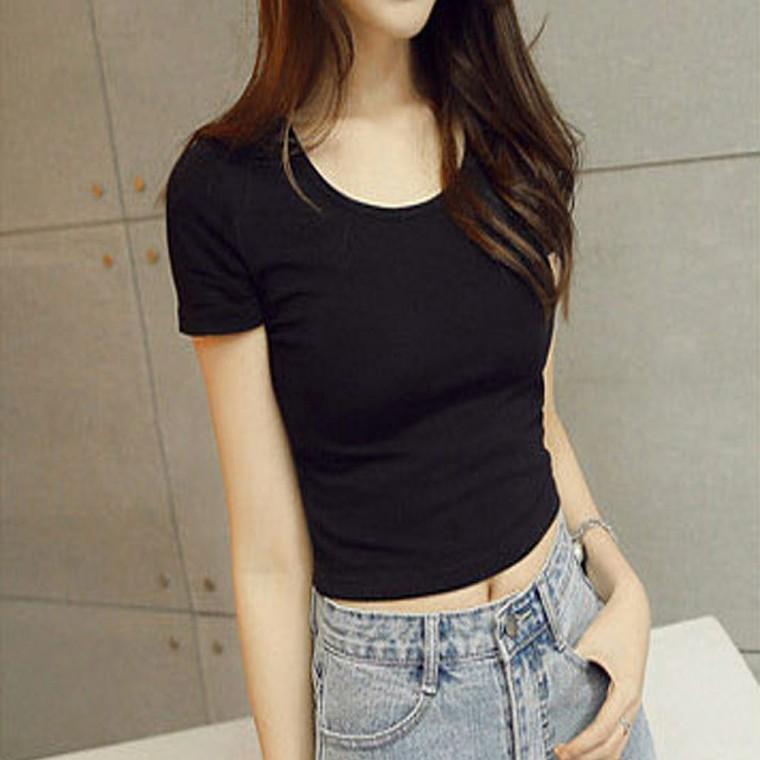 슬림핏 크롭티 솔리드 여성 반팔 여름 데일리 상의