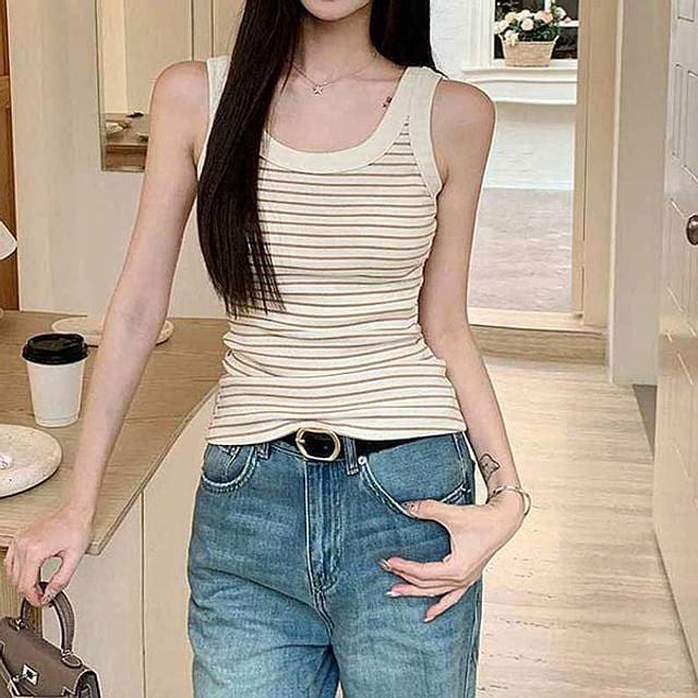 U넥 여름 나시탑 민소매 이너 4색 여자 배색 스트라이프