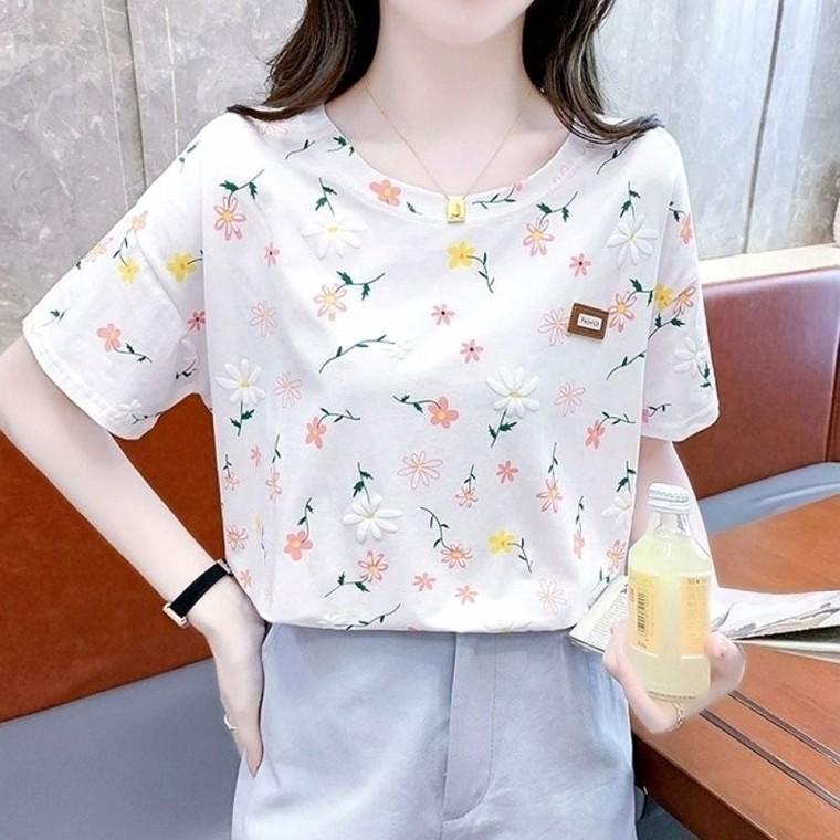 상의 30대 반팔 라운드넥 플라워 티셔츠 여름 여성