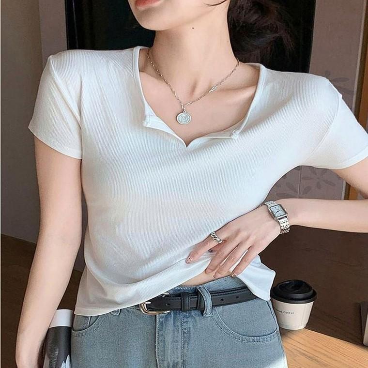반오픈 티셔츠 라운드 여성반팔티 여름 골지 슬림