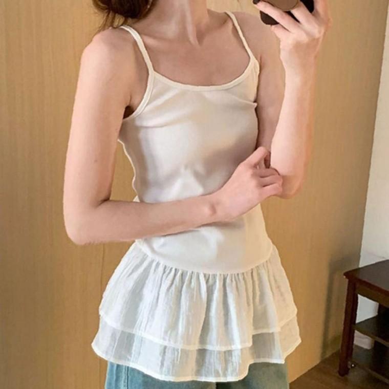 여성 2단 클린 프릴 얇은 끈나시 티셔츠 화이트 1P 레이어드 여름 민소매