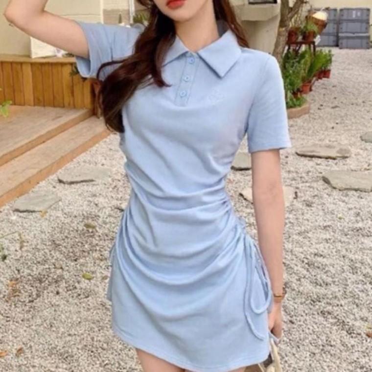 여성 셔링 슬림 카라 반팔 미니 1P 여름 짧은 치마 캐주얼 슬림핏