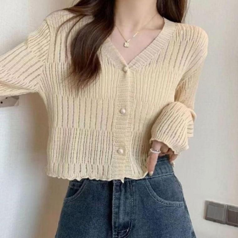 여성 크롭 포인트 펀칭 가디건 1P 여름 얇은 에어컨 아우터