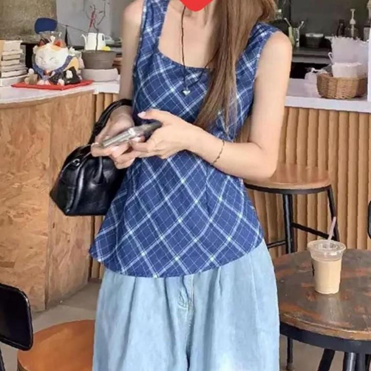 여성 체크 가벼운 나시 블루 1P 여름 스타일 민소매