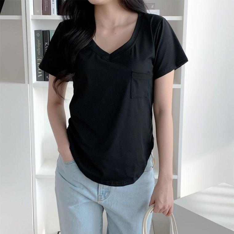 브이넥 반팔티 포켓 기본 무지 면티 티셔츠 여성 여름 데일리룩 반팔티셔츠