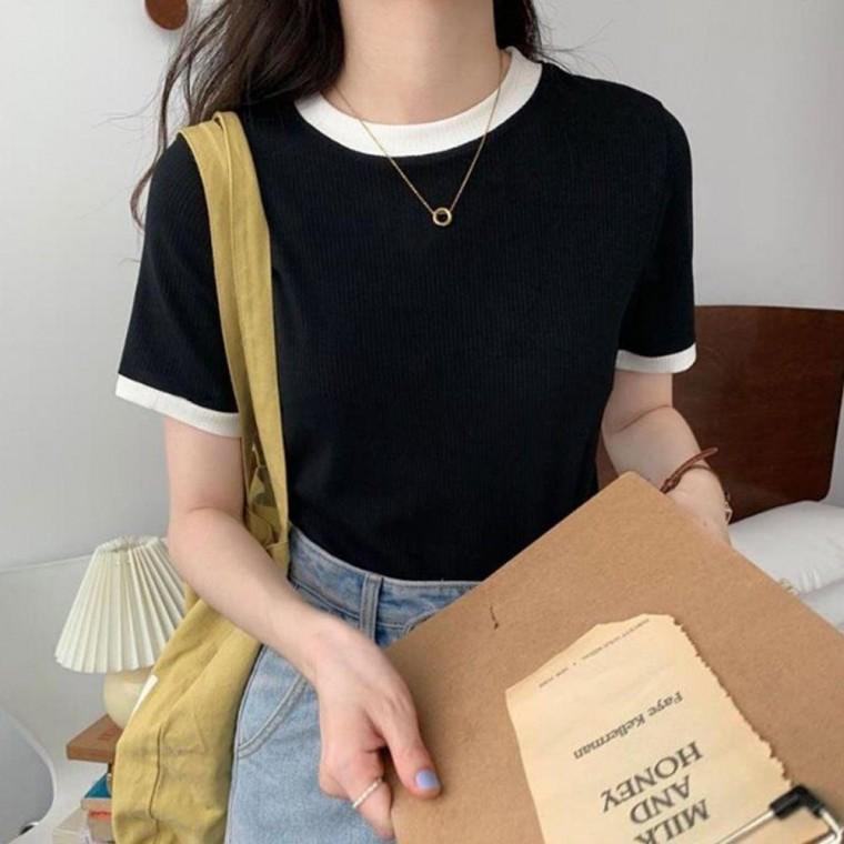 라운드 배색 티셔츠 데일리 반팔티 상의 봄 여름 여성의류 캐주얼룩