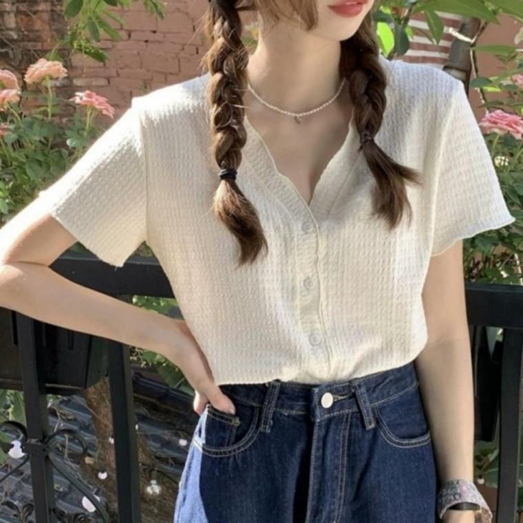 여자 여름 브이넥 블랙 셔츠 가디건 반팔 블라우스
