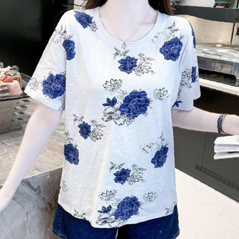 여성 입체 멀티 장미 루즈핏 반팔티 화이트 1P 여름 코디