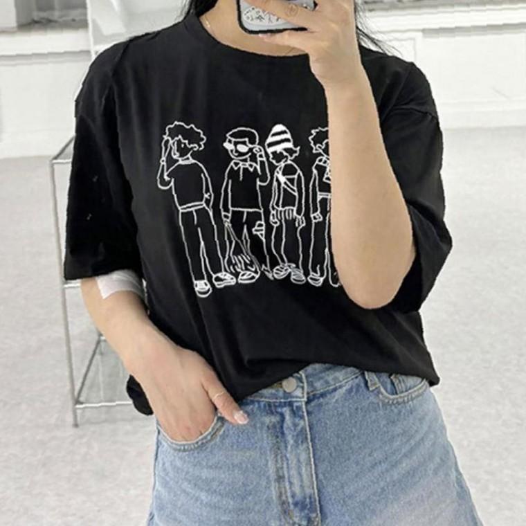 여성 패션 정교한 여름 드로잉 반팔티 1P 루즈핏 데일리