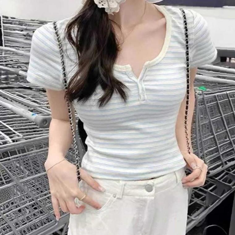 여성 스트라이프 데일리 크롭 반팔티 1P 슬림핏 여름