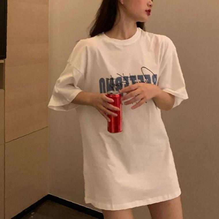 여성 레터링 미니멀 여름 롱반팔티 1P 베이직 패션