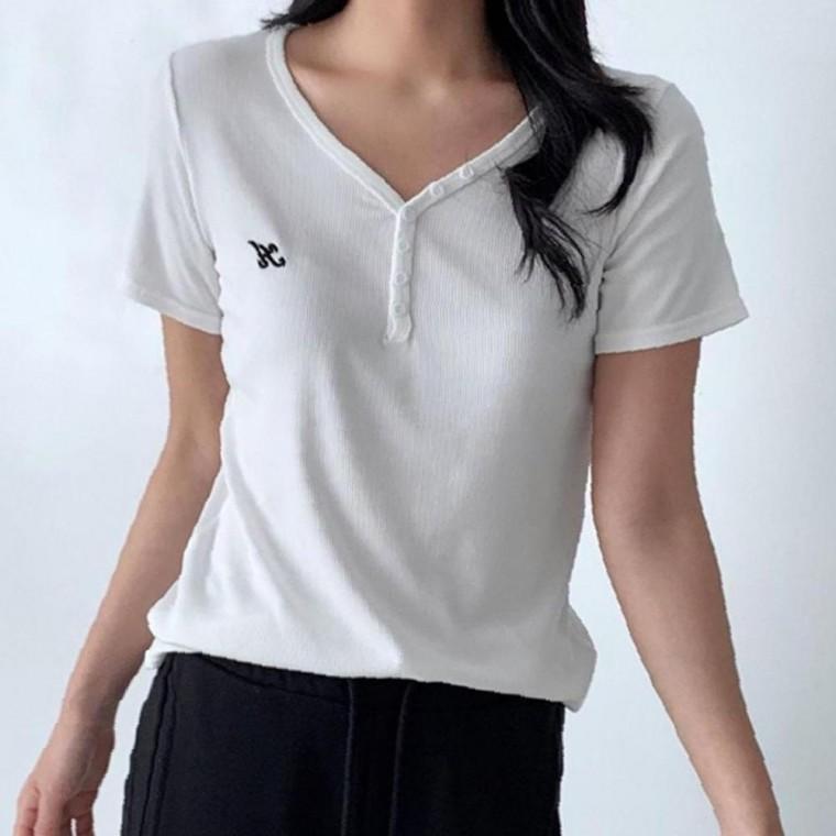 여성 버튼 고급형 세로 골지 반팔티 1P 데일리 여름