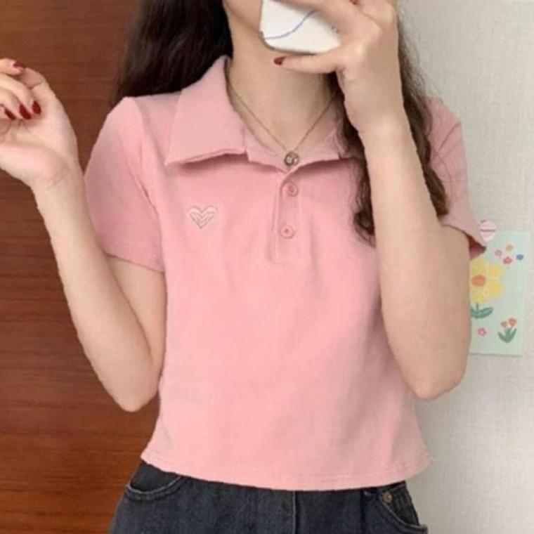 여성 자수 간편 크롭 카라 반팔티 1P 캡소매 여름