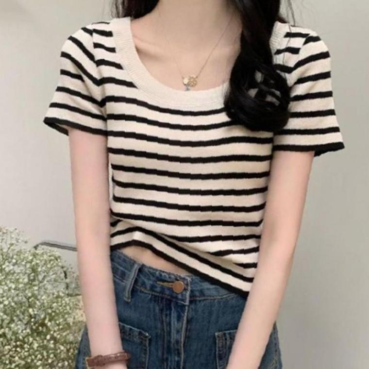 여성 스트라이프 다목적 골지 반팔티 1P 여름 티셔츠