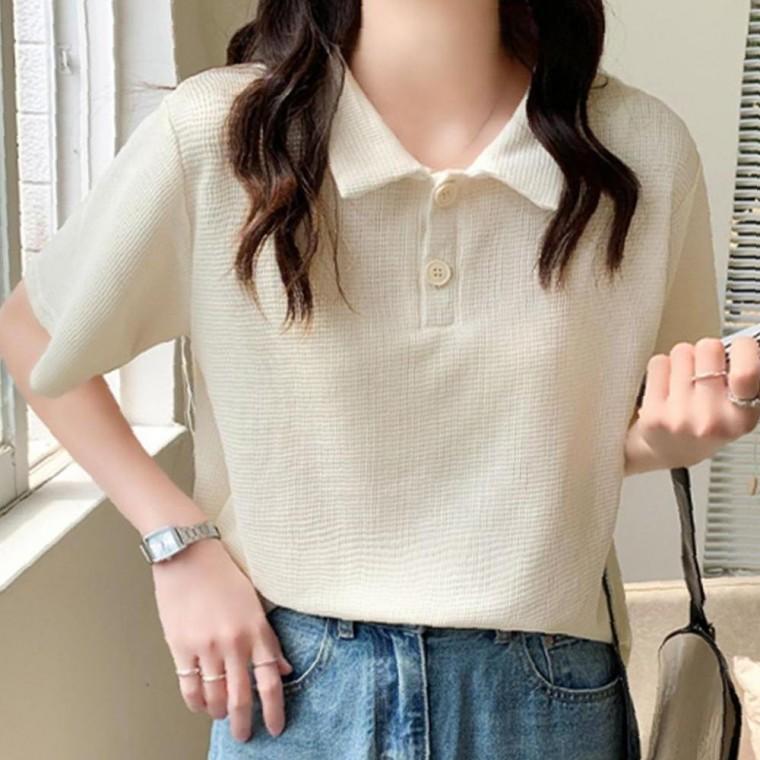 여성 투버튼 튼튼 와플 반팔티 1P 짜임 여름 티셔츠