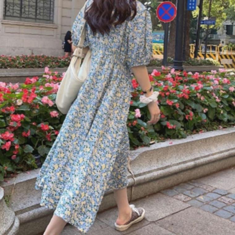 여성 플라워 모던 A라인 반팔 롱원피스 블루 1P 여름 하객