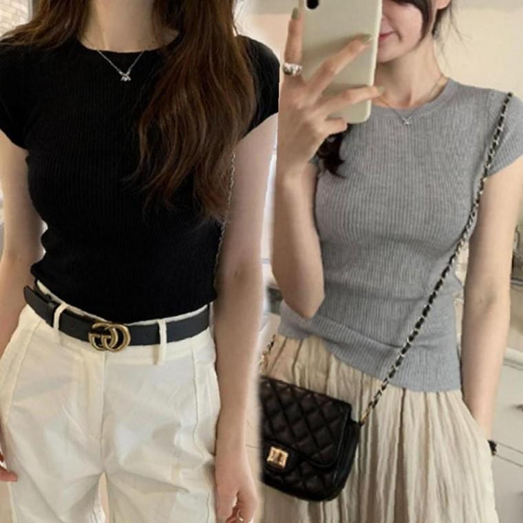 여성 슬림핏 트렌디 골지 반팔 1P 캡소매 여름 티셔츠