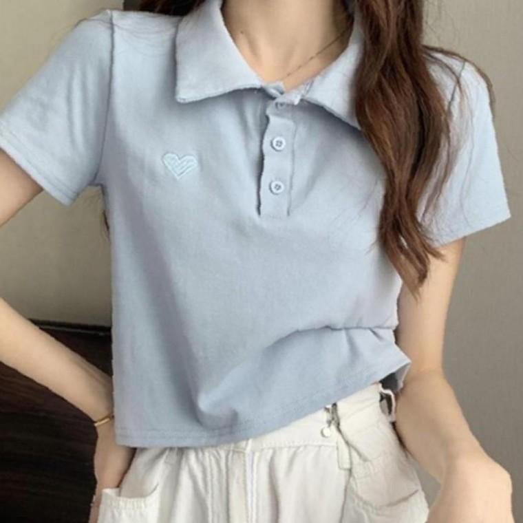 여성 하트 리빙 카라 반팔티 1P 세미크롭 여름 패션