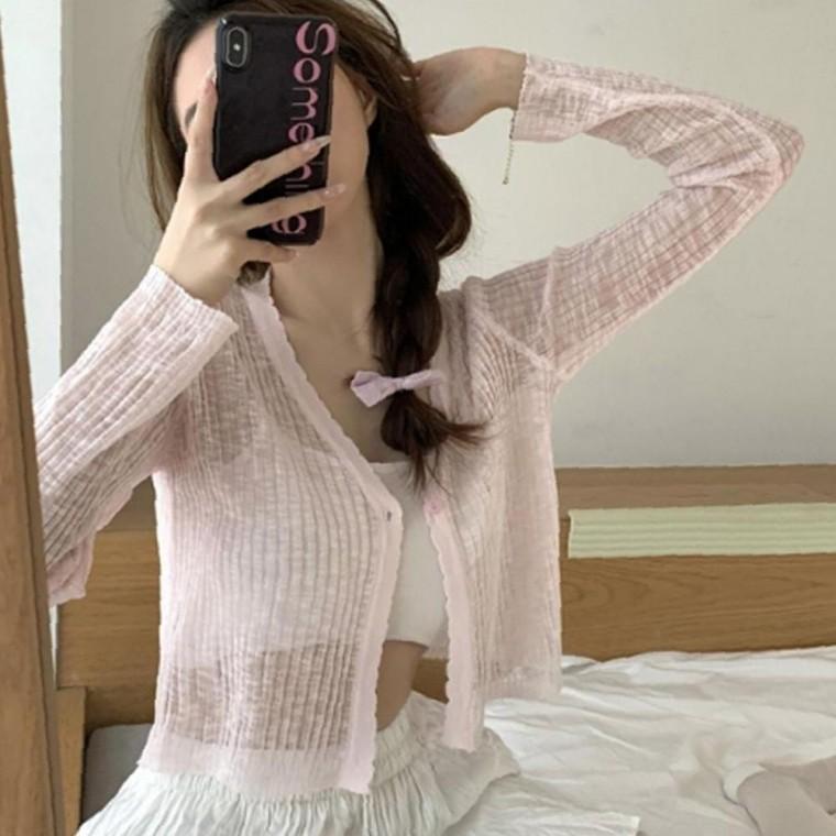 여성 가벼운 미니멀 크롭 시스루 가디건 1P 여름 프릴 외투