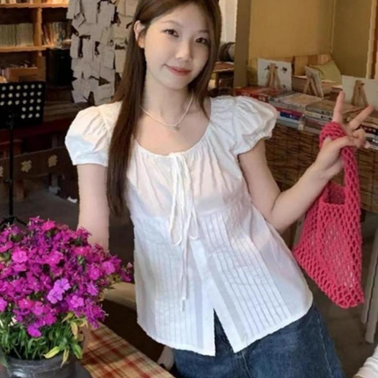 여성 U넥 다목적 핀턱 반팔 화이트 1P 여름 셔츠