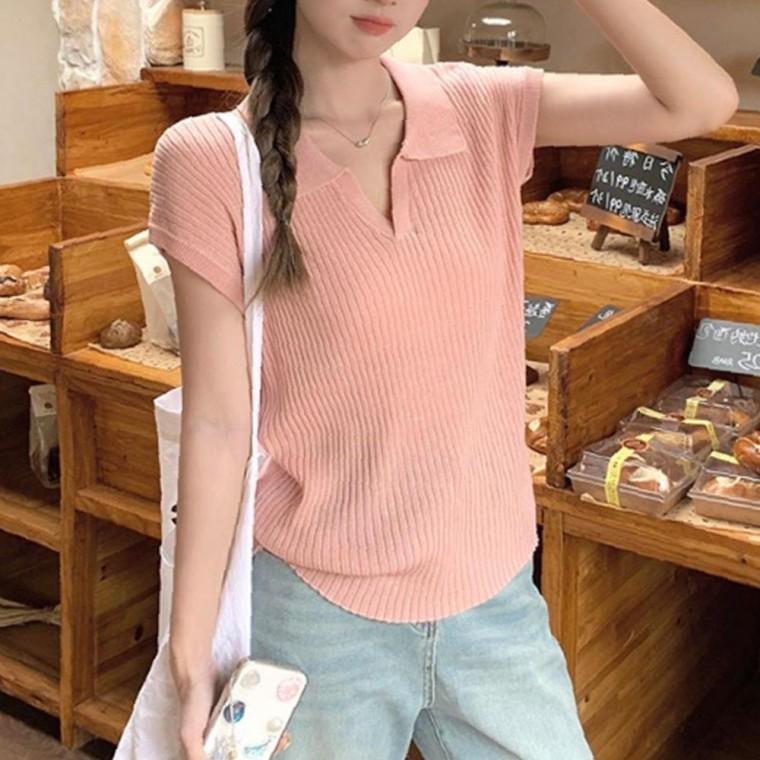 여성 카라 편리 골지 반팔티 1P 여름 세로줄 티셔츠