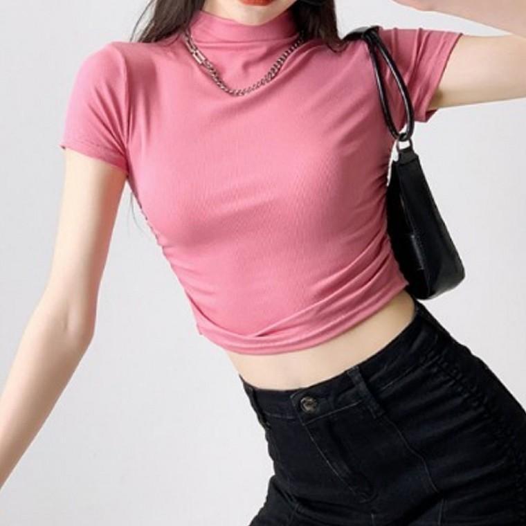 여성 여름 골지 셔링 크롭 반팔 티셔츠