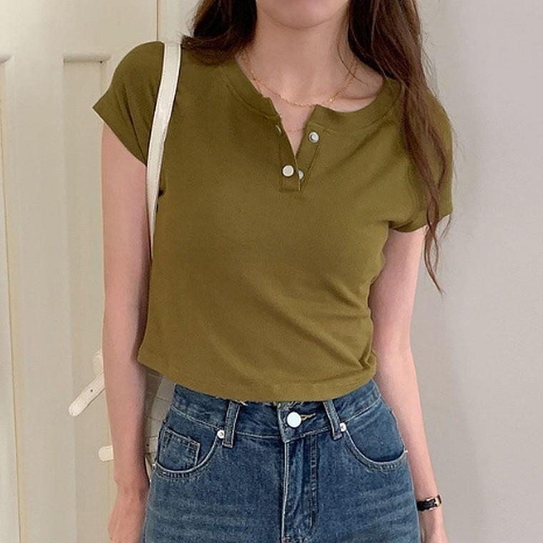 여성 골지 크롭 반팔 티셔츠 여름 데일리 상의