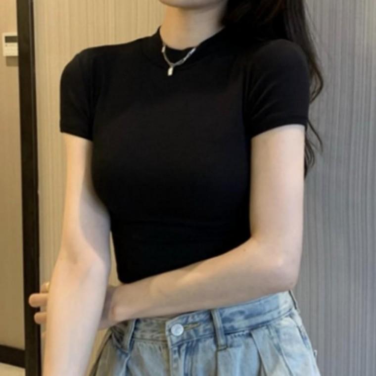 여성 스판 슬림핏 크롭 무지 베이직 여름 반팔 티셔츠