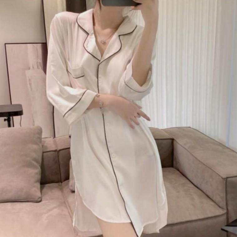 여성 루즈핏 냉감 여름 카라넥 반팔 미디 셔츠 잠옷