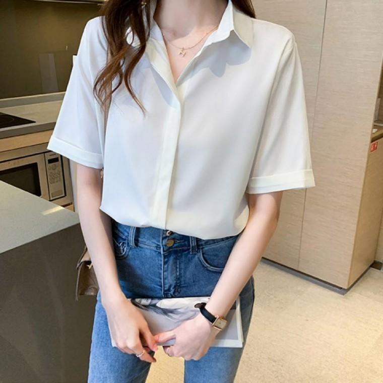 여성 반팔 무지 쉬폰 셔츠 블라우스 5부 소매 상의 캐주얼룩 오피스룩 하객룩 여름남방