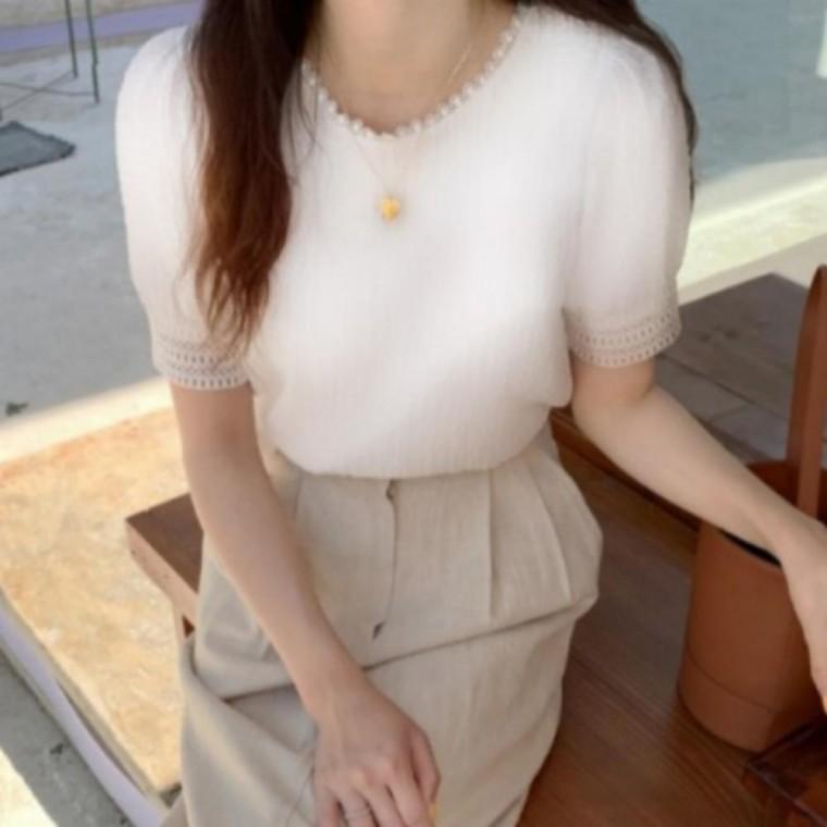 여성 여름 반팔 라운드 프릴 레이스 퍼프 블라우스