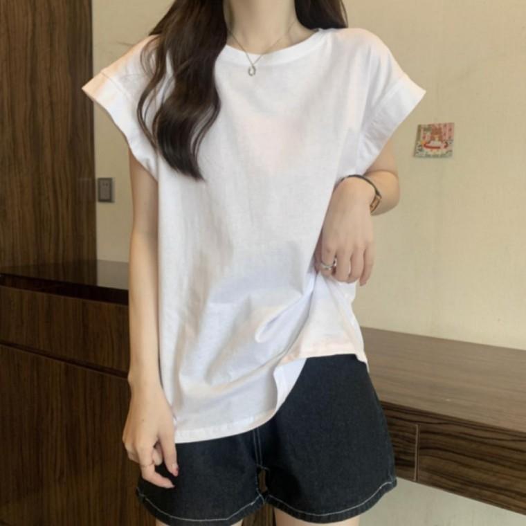 여성 루즈핏 여름 기본 캡소매 라운드 반팔 티셔츠