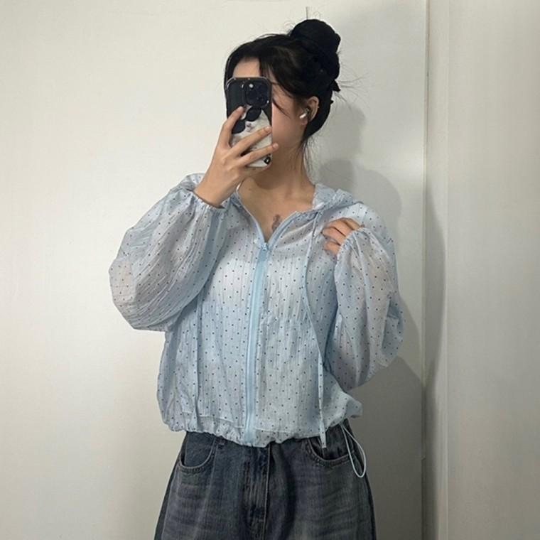 여성점퍼 롱점퍼 도트 시스루 데일리점퍼 바람막이 점퍼 여름 오버핏점퍼