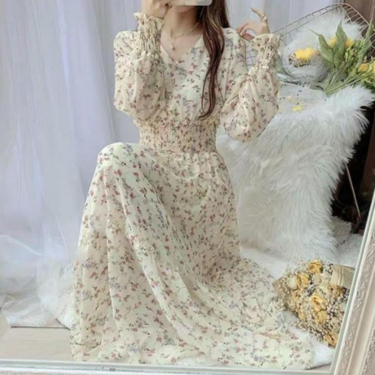 메이 블라썸 스모크 롱 원피스 봄 여름 가을 치마 슬림핏 원피스 퍼프 반팔 여성 스퀘어넥 셔링 원피스 휴