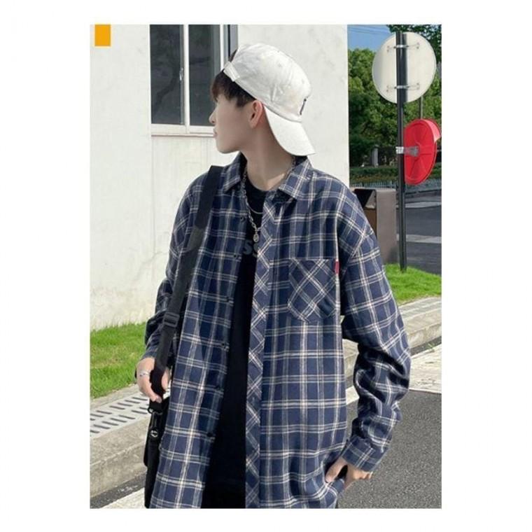 남성 캐주얼 체크 긴팔 셔츠 오버핏 대학생 스타일 남자 여름 남자루즈핏 슬림핏 남방