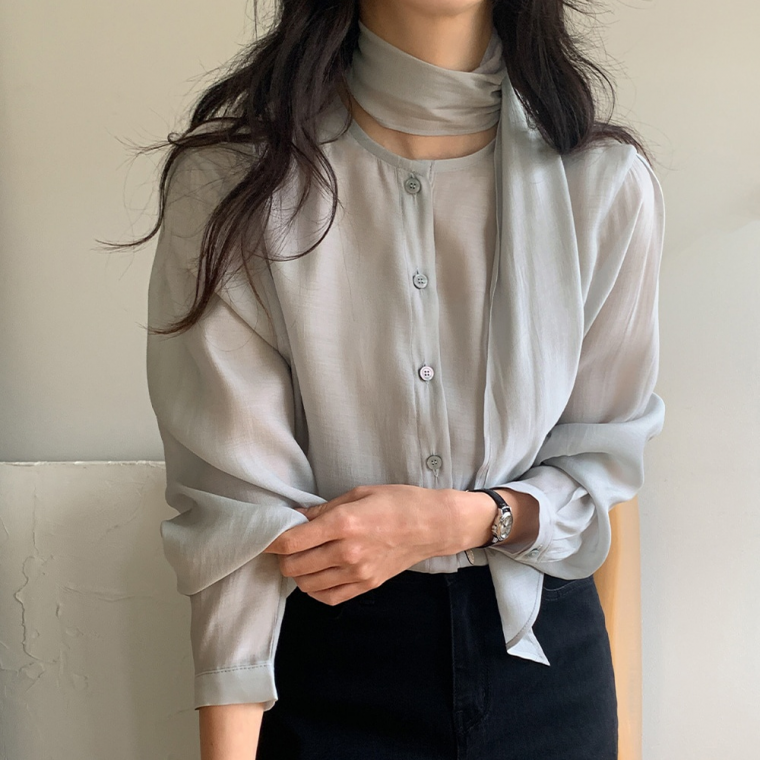 블리일리 그레이 라운드넥 쉬폰 타이 블라우스 셔츠 여름 봄 결혼식 하객룩 출근룩