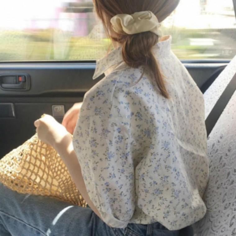 여름 상의 퍼프 반팔 꽃 티셔츠 5부 블라우스 셔츠